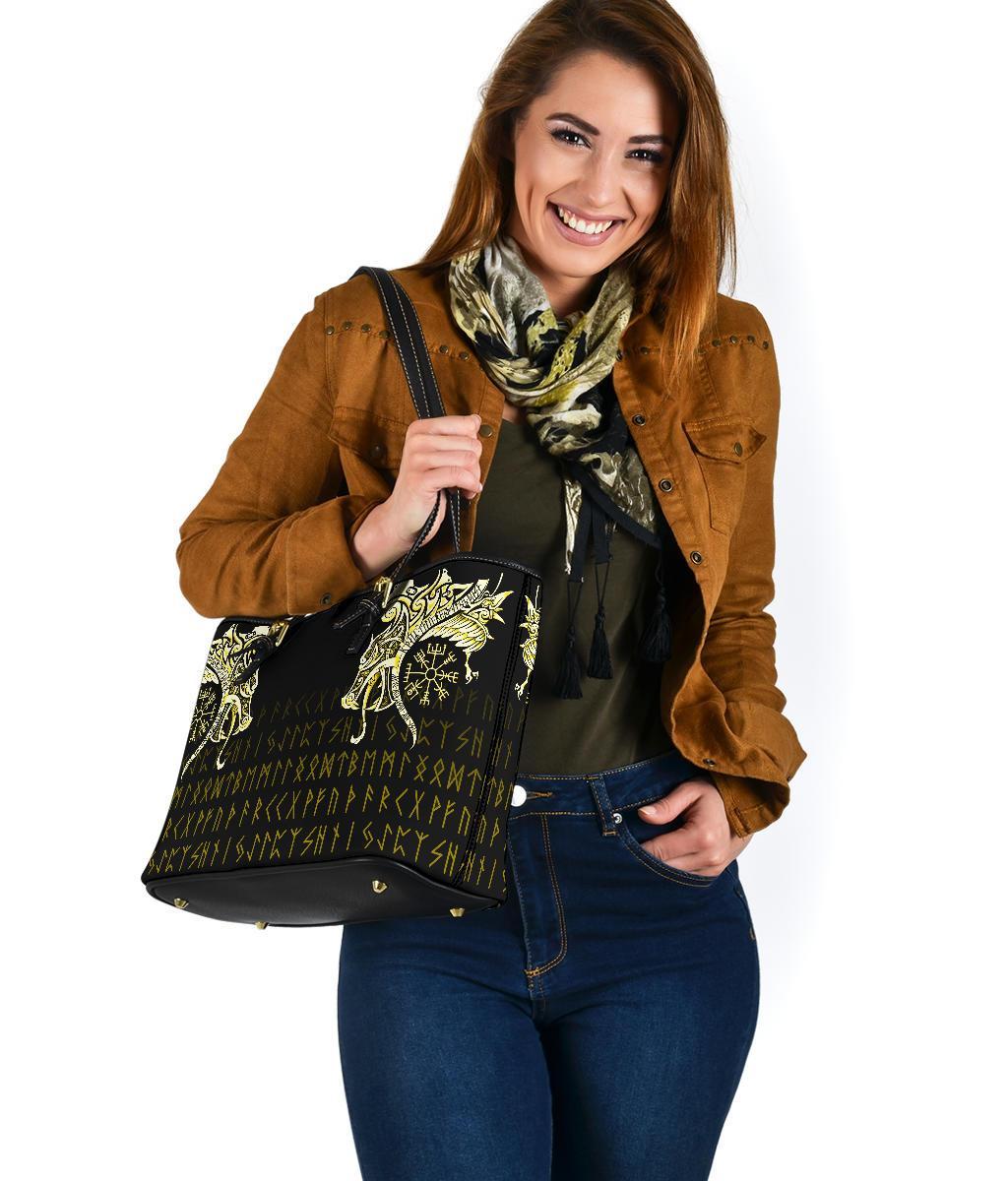 Viking Small Leather Tote, Fenrir Raven and Vegvisir Tattoo Yellow RLT12 - Wonder Print Shop