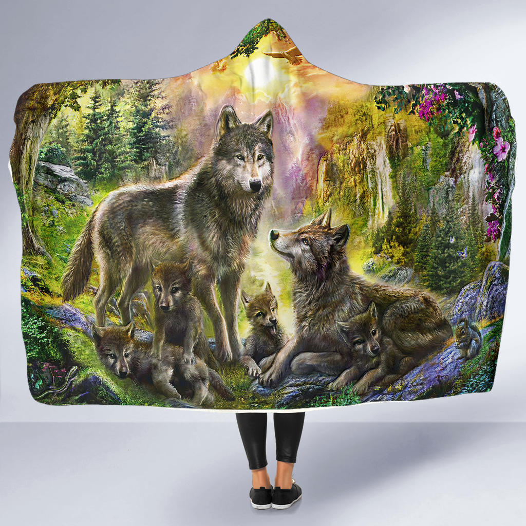 native-american-wolf-happiness-family-in-the-spring-forest-hooded-blanket