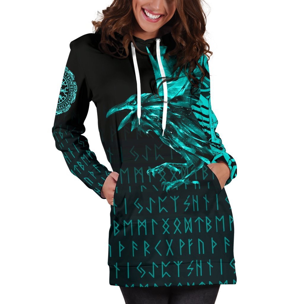 Viking Hoodie Dress The Raven Of Odin Rune Cyan RLT12 - Wonder Print Shop