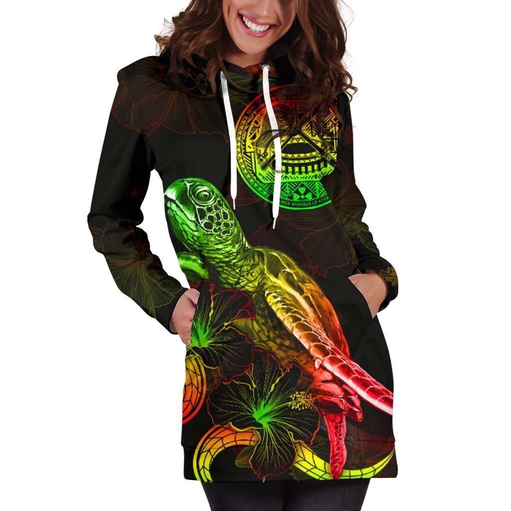 American Samoa Polynesian Hoodie Dress - Turtle With Blooming Hibiscus Reggae - Wonder Print Shop