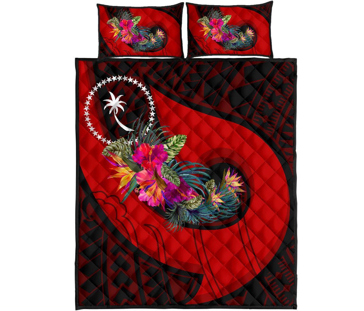 Chuuk Quilt Bed Set - Polynesian Hook And Hibiscus (Red) - Wonder Print Shop