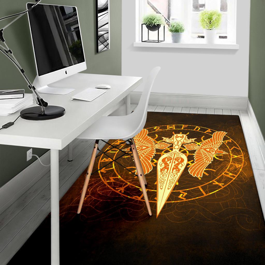 Viking Area Rug Gold Spear Of The God Odin Gungnir and Two Gold Ravens RLT12 - Wonder Print Shop