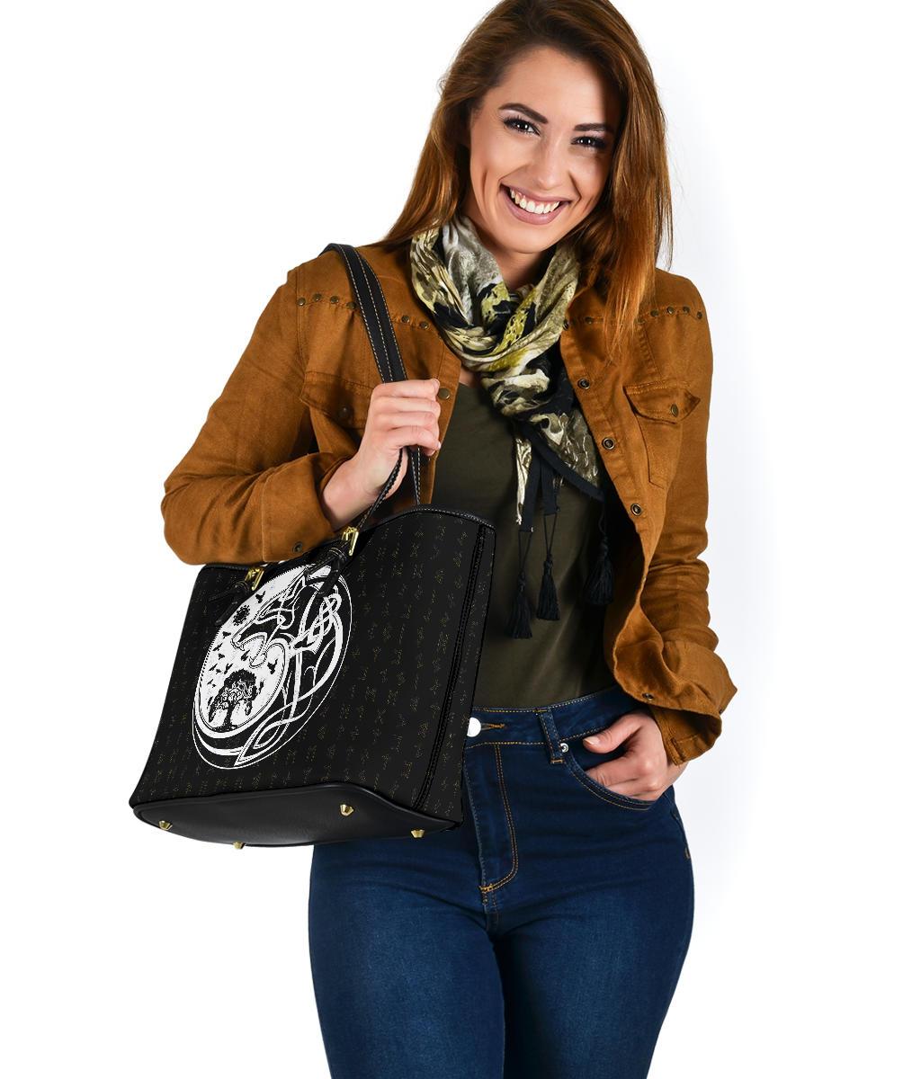 Viking Small Leather Tote Bag, Skoll and Hati Rune Tattoo RLT12 - Wonder Print Shop