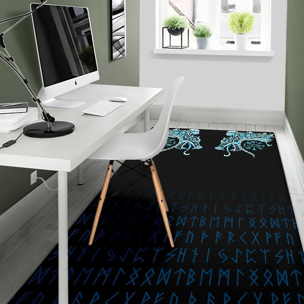 Viking Area Rug, Fenrir Raven and Vegvisir Tattoo Cyan RLT12 - Wonder Print Shop