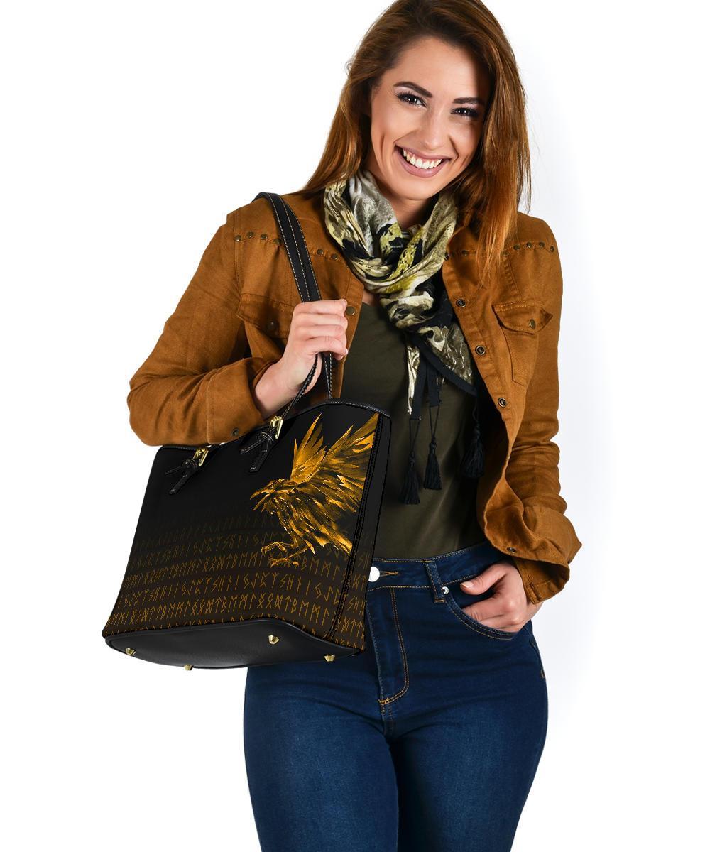 Viking Small Leather Tote Bag - The Raven Of Odin Rune, Gold RLT12 - Wonder Print Shop