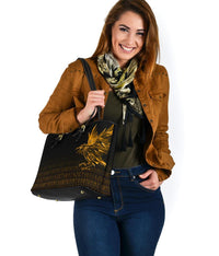 Viking Small Leather Tote Bag - The Raven Of Odin Rune, Gold RLT12 - Wonder Print Shop