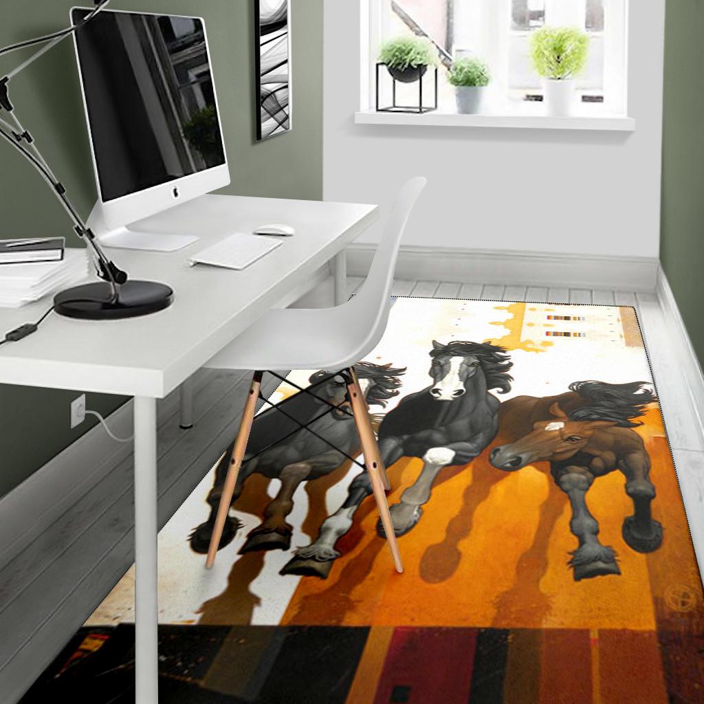 Horse graphic area rug showing running horses on orange-and-white striped background