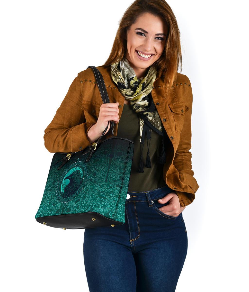 Viking Small Leather Tote Bag, Ethnic Odin Raven Cyan RLT12 - Wonder Print Shop
