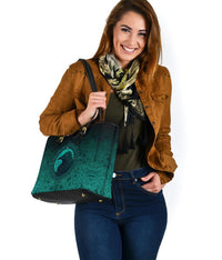 Viking Small Leather Tote Bag, Ethnic Odin Raven Cyan RLT12 - Wonder Print Shop