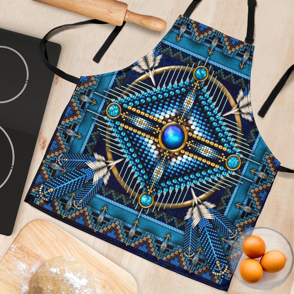 Close-up blue mandala apron panel with dotted rays, geometric borders, and gold accents