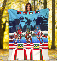 Horse costume blanket outdoors, blue horse artwork with three costumed figures and striped border