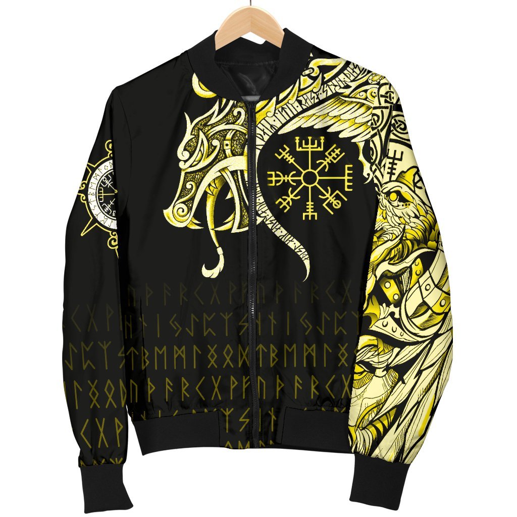 Viking Women's Bomber Jacket, Fenrir Raven and Vegvisir Tattoo Yellow RLT12 - Wonder Print Shop
