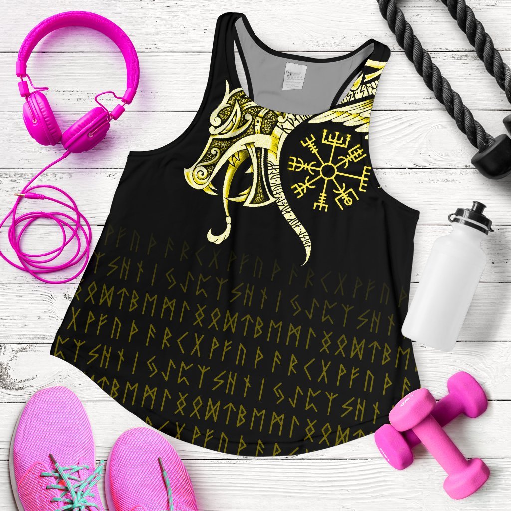 Viking Women's Racerback Tank, Fenrir Raven and Vegvisir Tattoo Yellow RLT12 - Wonder Print Shop