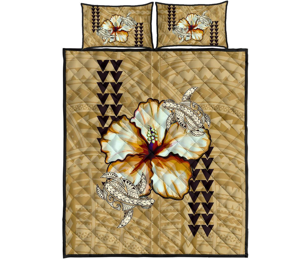 Hawaii Quilt Bed Set - Hawaiian Vintage Hibiscus Beige - Wonder Print Shop