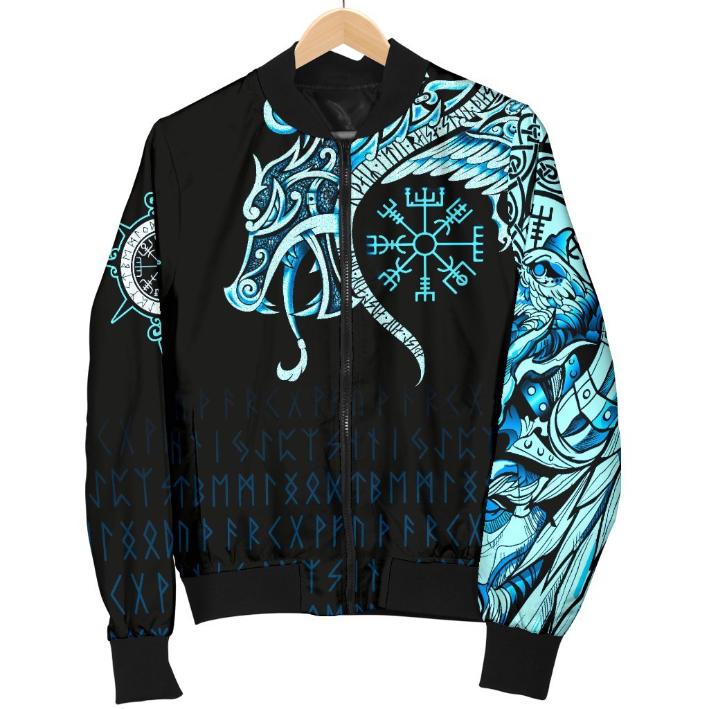 Viking Women's Bomber Jacket, Fenrir Raven and Vegvisir Tattoo Cyan RLT12 - Wonder Print Shop