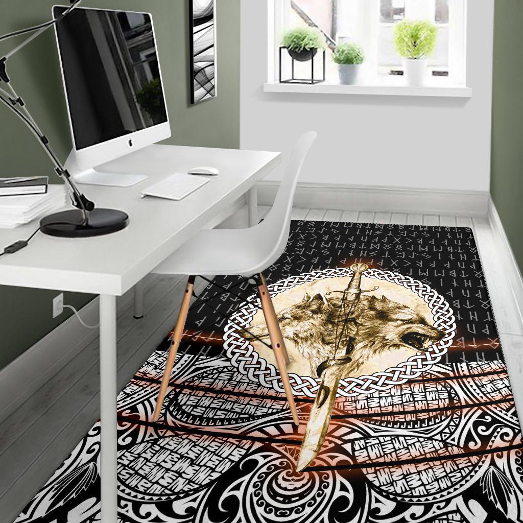 Viking Area Rug Wolf and Vikings Tattoo 3D RLT12 - Wonder Print Shop