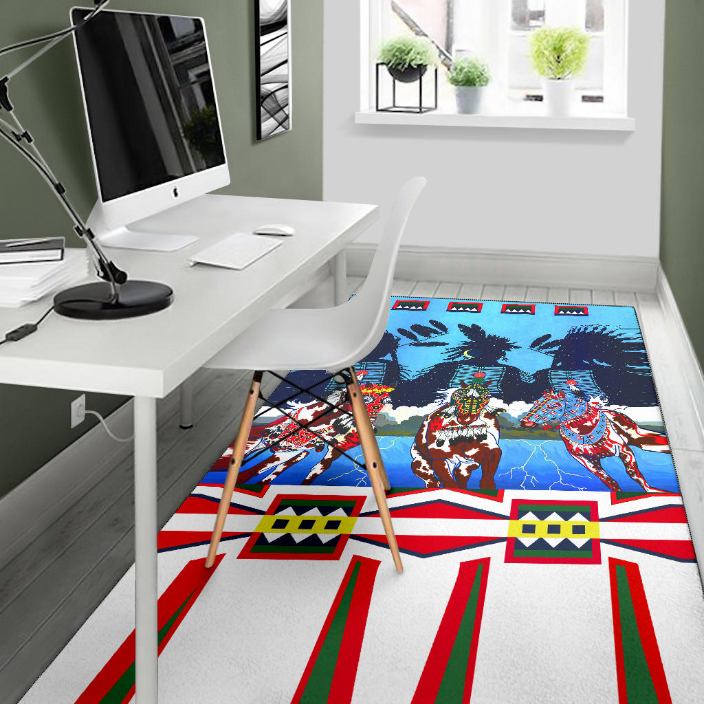 Blue horse costume area rug with red-white-green stripe border and footprints design