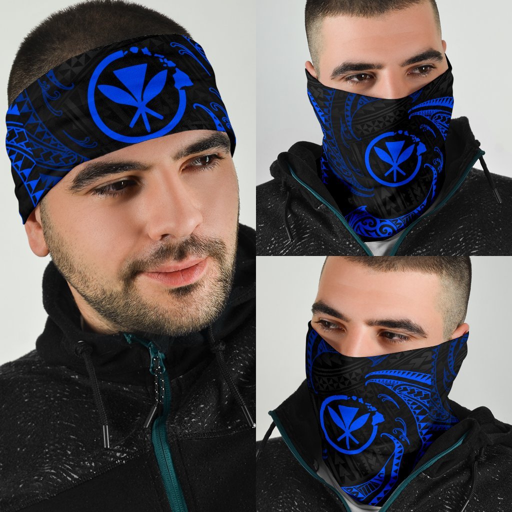 Blue tribal wave bandana with black swirls, covering face and neck