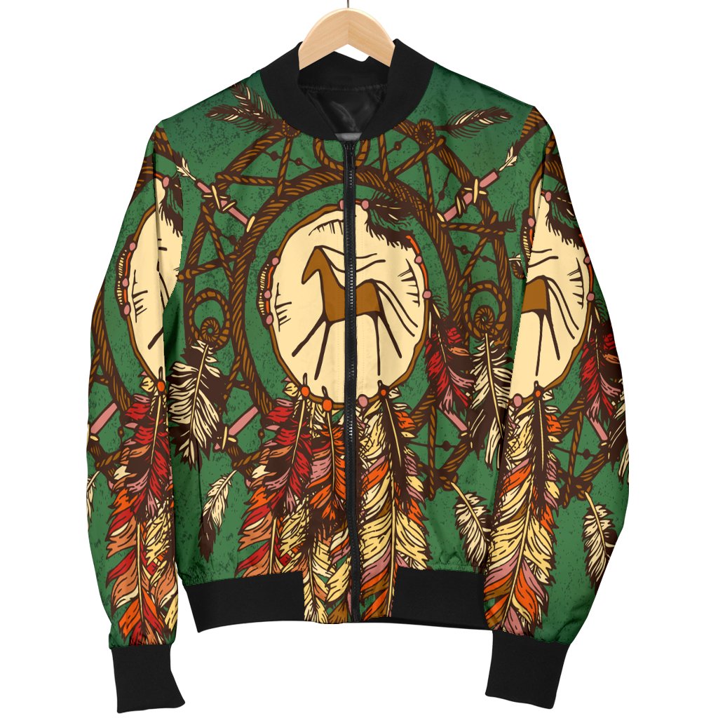 Green bomber jacket on hanger, colorful horse-and-feather Native American print, zip front