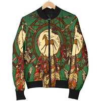 Green bomber jacket on hanger, colorful horse-and-feather Native American print, zip front