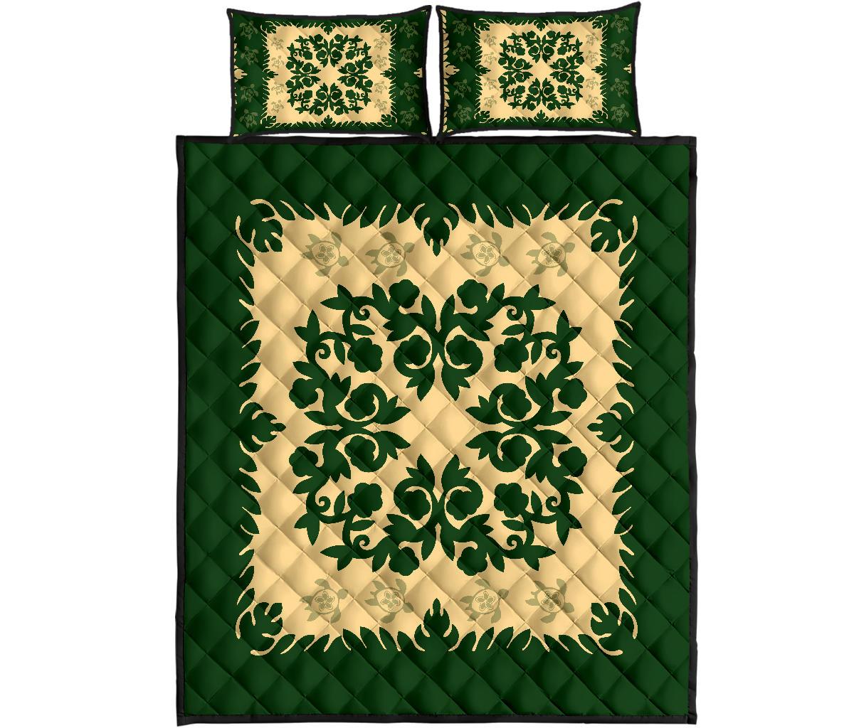 Hawaii Quilt Bed Set - Hawaiian Quilt Plumeria Medallion Green Quilt Bed Set - Wonder Print Shop