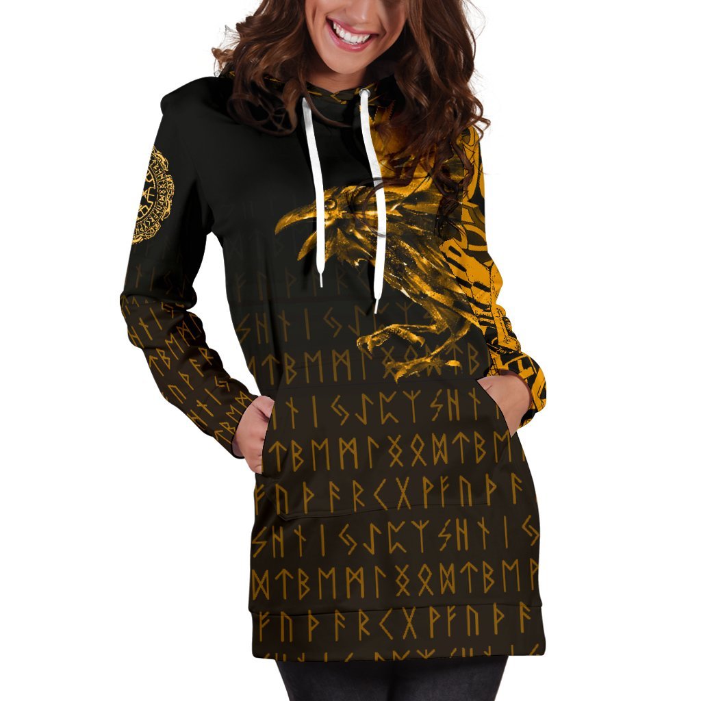 Viking Hoodie Dress The Raven Of Odin Rune, Gold RLT12 - Wonder Print Shop