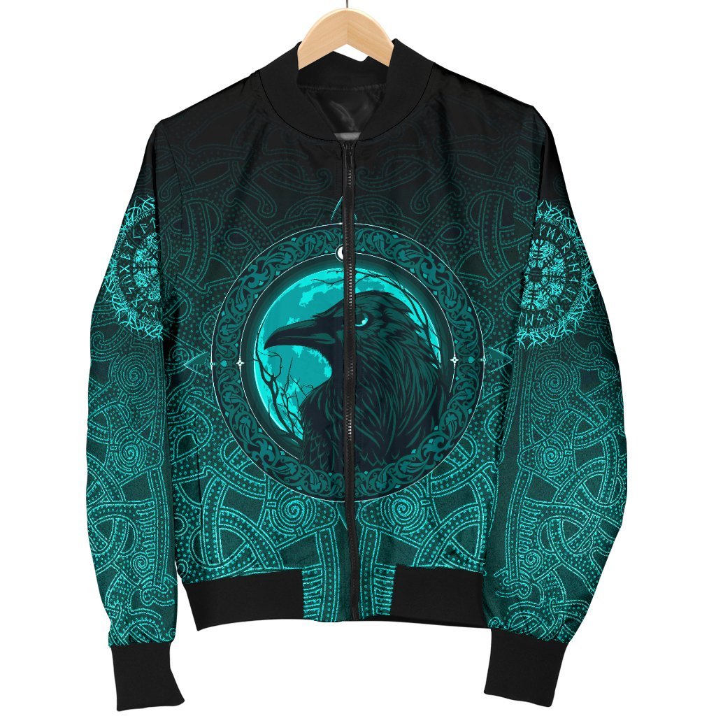 Viking Women's Bomber Jacket, Ethnic Odin Raven Cyan RLT12 - Wonder Print Shop