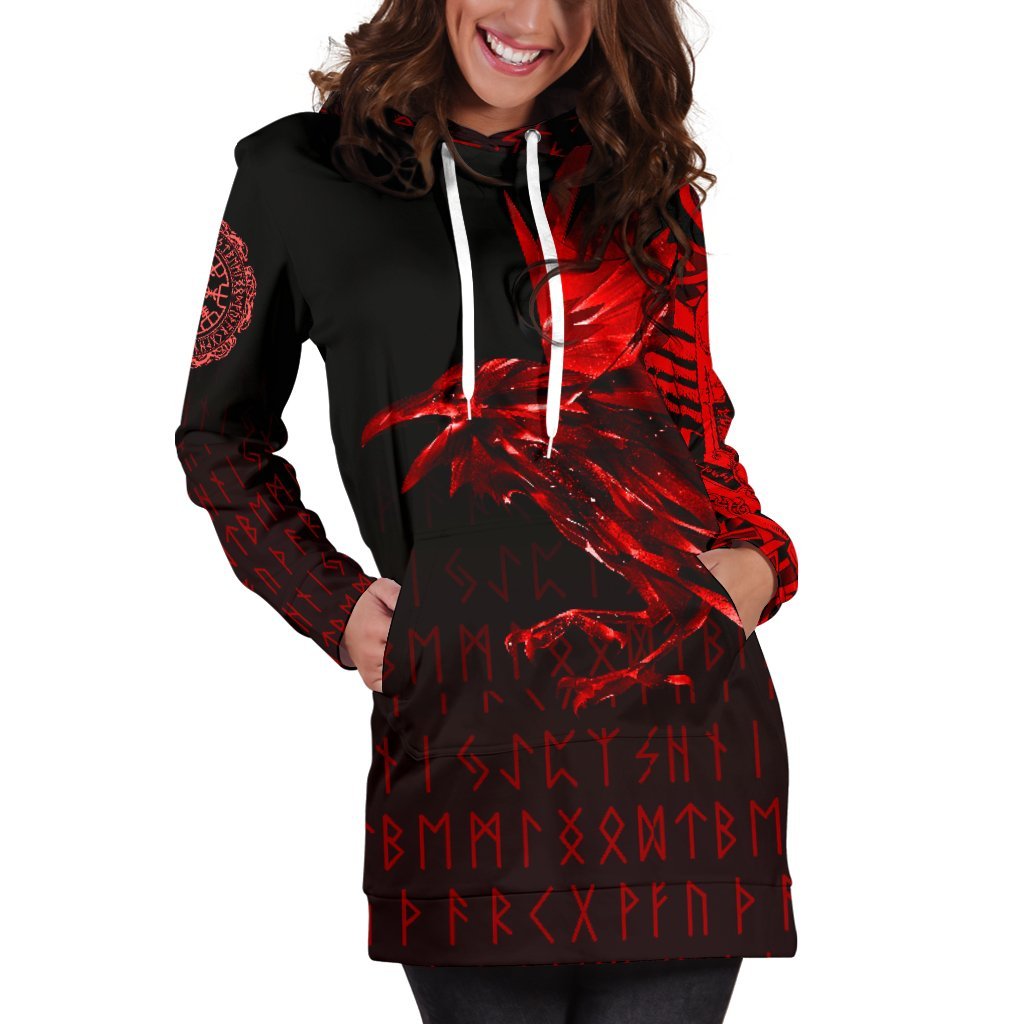 Viking Hoodie Dress The Raven Of Odin Rune, Red RLT12 - Wonder Print Shop