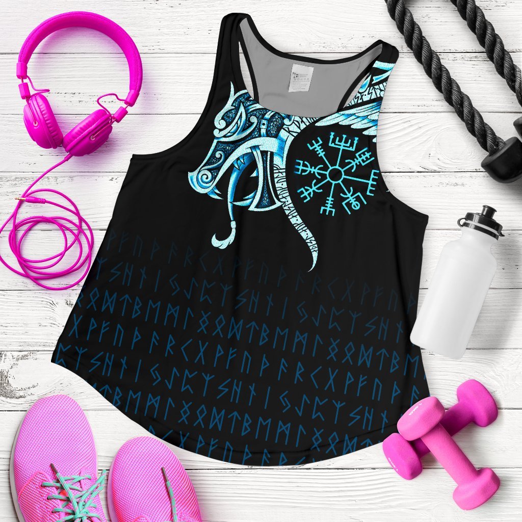 Viking Women's Racerback Tank, Fenrir Raven and Vegvisir Tattoo Cyan RLT12 - Wonder Print Shop