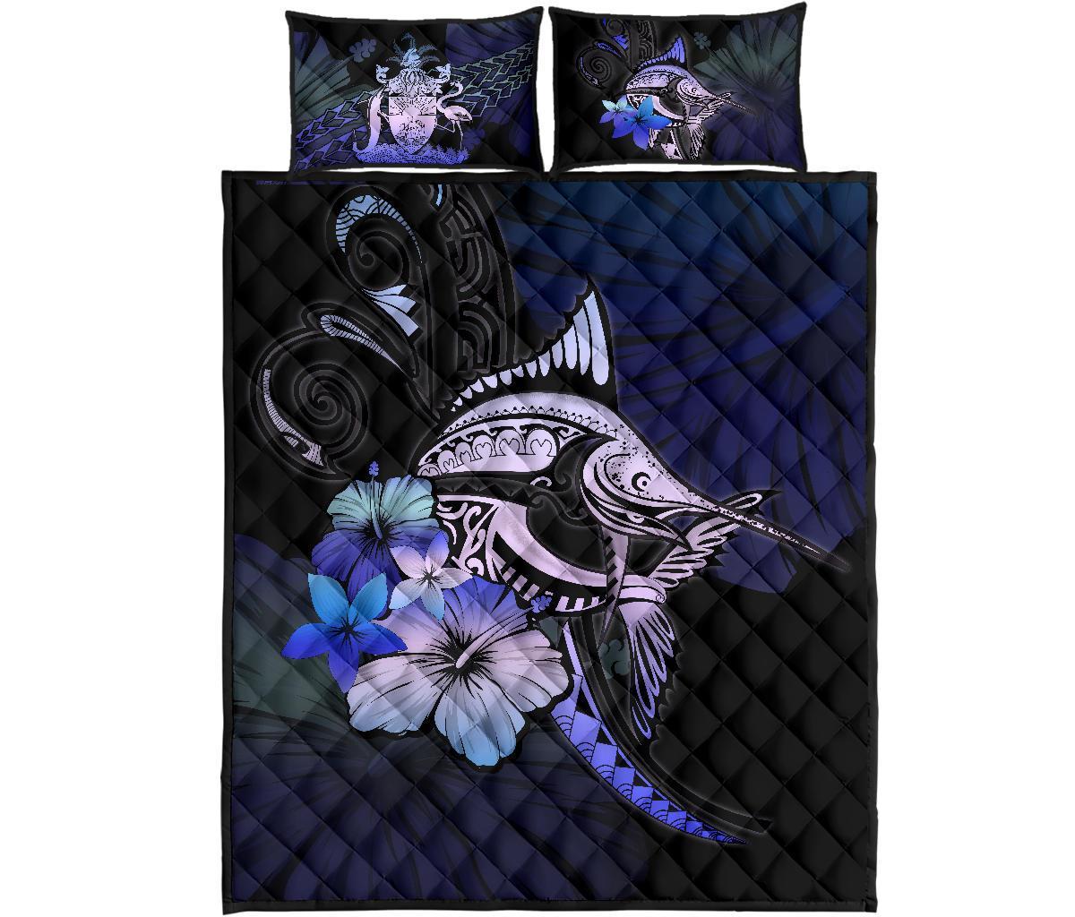 The Bahamas Quilt Bed Set - Purple Blue Marlin and Hibiscus - Wonder Print Shop