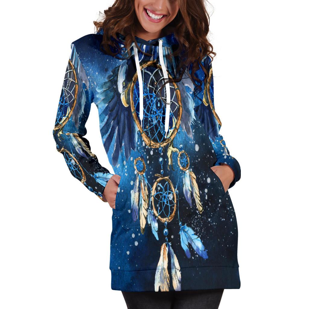 Blue Galaxy Dreamcatcher Native American Hoodie Dress LT10 - Wonder Print Shop