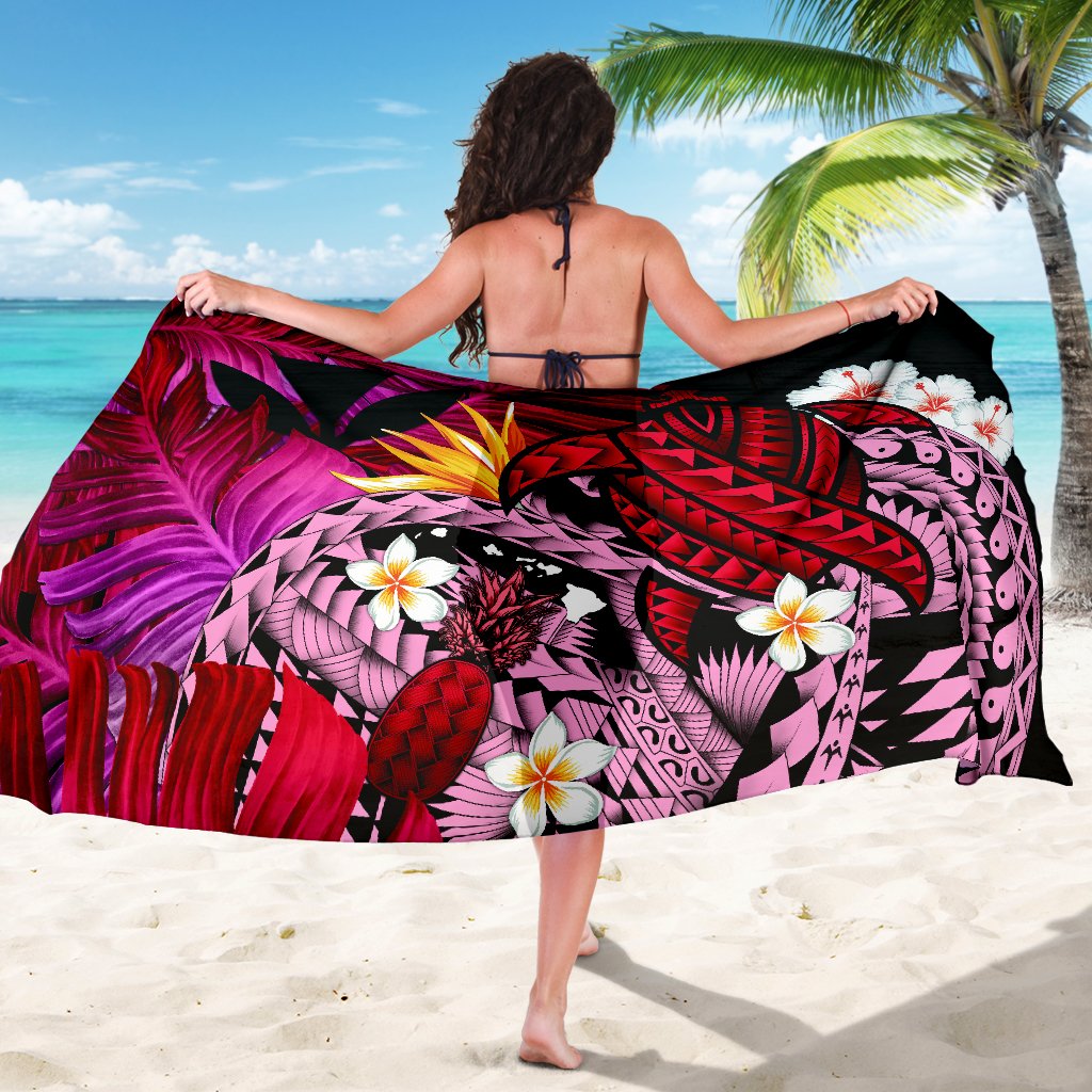 Kanaka Maoli Hawaiian Sarong, Polynesian Pineapple Banana Leaves Turtle Tattoo Pink - Wonder Print Shop