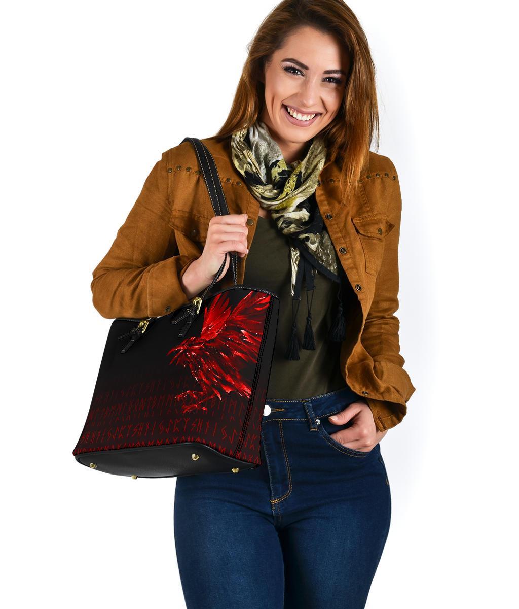 Viking Small Leather Tote Bag - The Raven Of Odin Rune, Red RLT12 - Wonder Print Shop