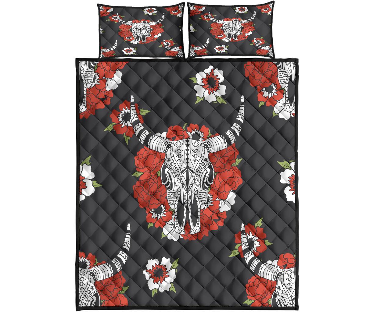 Bison And Red Flowers Native American Quilt Bed Set LT10 - Wonder Print Shop