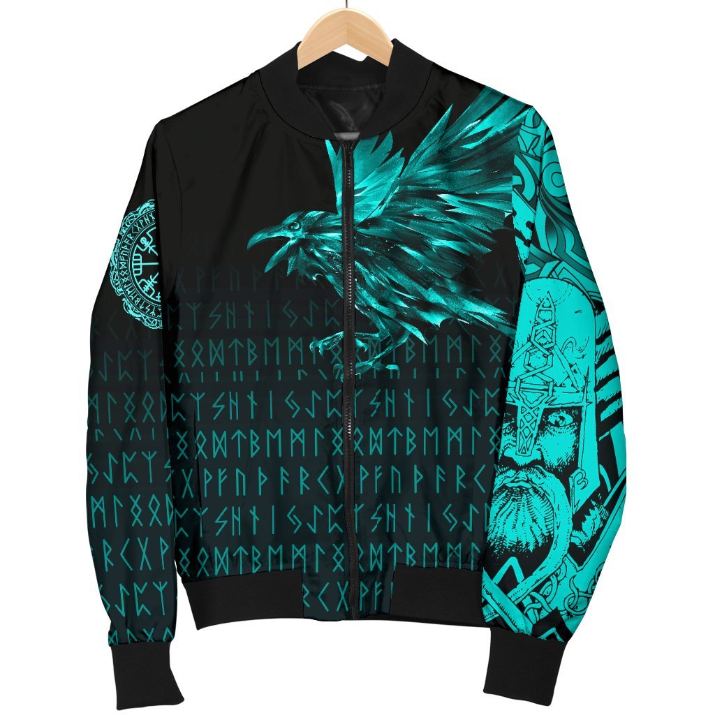 Viking Women's Bomber Jacket - The Raven Of Odin Rune Cyan RLT12 - Wonder Print Shop