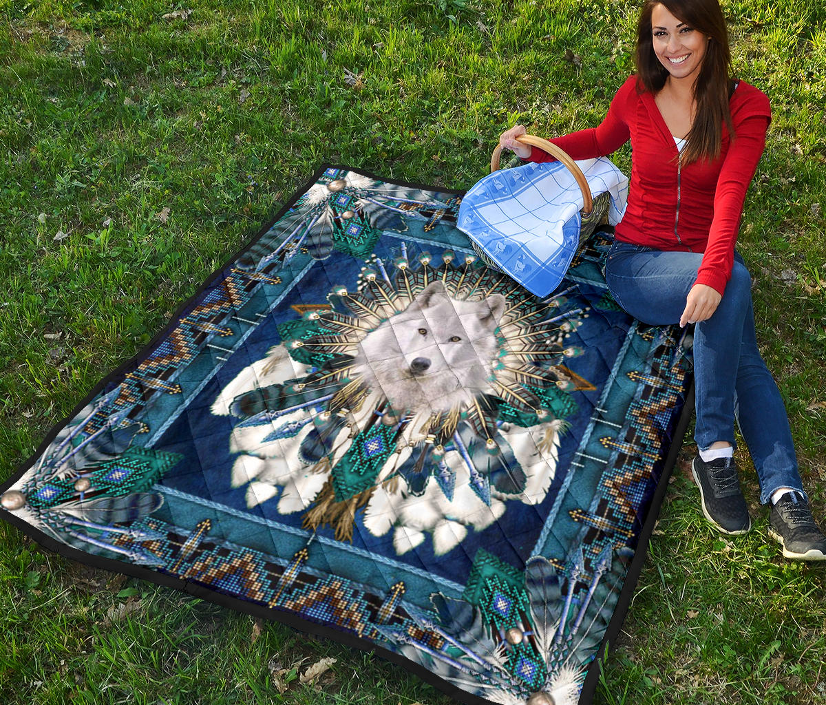 Native American Pattern Blue Mandala Wolf Premium Quilt LT10 - Wonder Print Shop