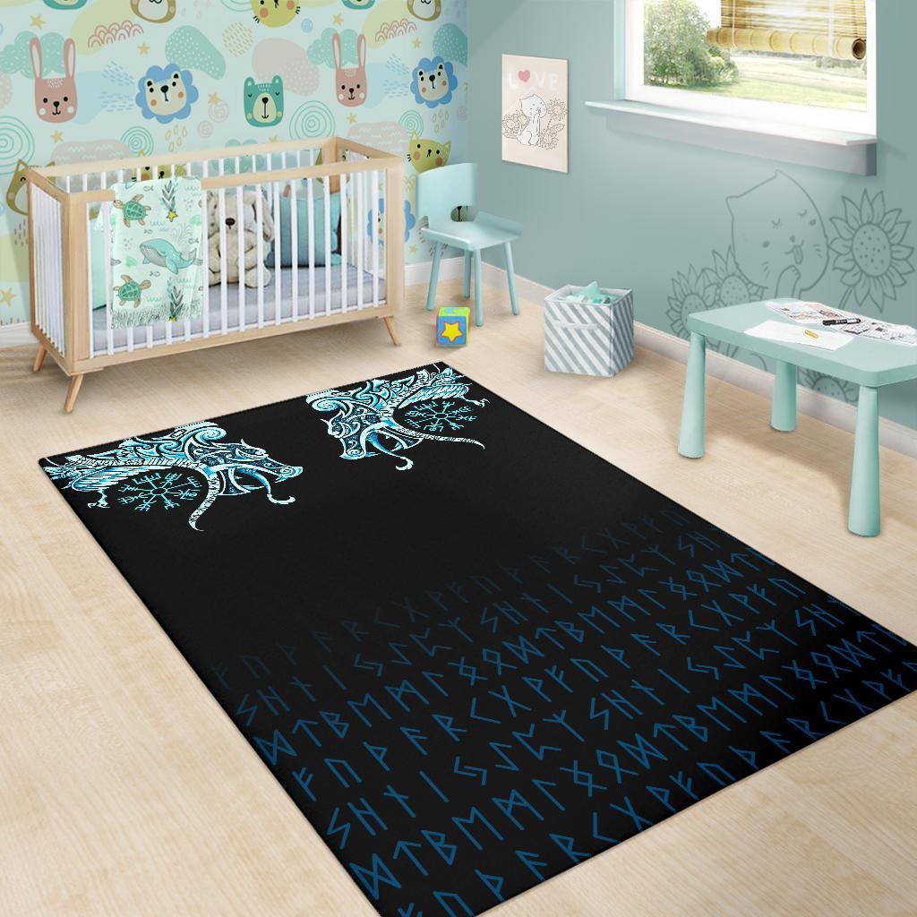 Viking Area Rug, Fenrir Raven and Vegvisir Tattoo Cyan RLT12 - Wonder Print Shop