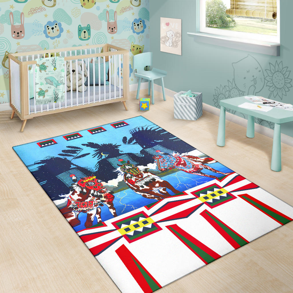 Multicolor horse costume area rug with blue figures, red-white stripes, and motif icons