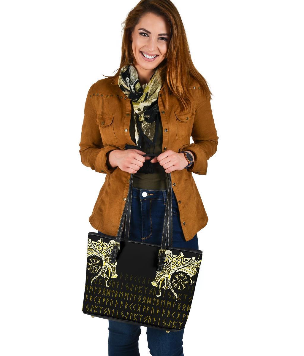 Viking Small Leather Tote, Fenrir Raven and Vegvisir Tattoo Yellow RLT12 - Wonder Print Shop