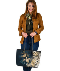 Kanaka Maoli (Hawaiian) Leather Tote - Sea Turtle Tropical Hibiscus and Plumeria Gold - Wonder Print Shop