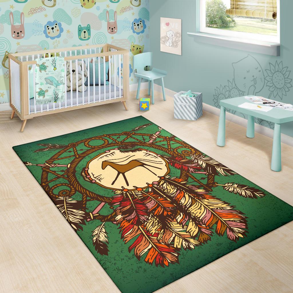 Green horse pride area rug in nursery, central horse with dreamcatcher and multicolor feathers