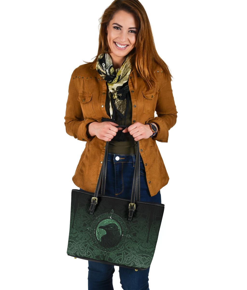 Viking Small Leather Tote Bag, Ethnic Odin Raven Green RLT12 - Wonder Print Shop