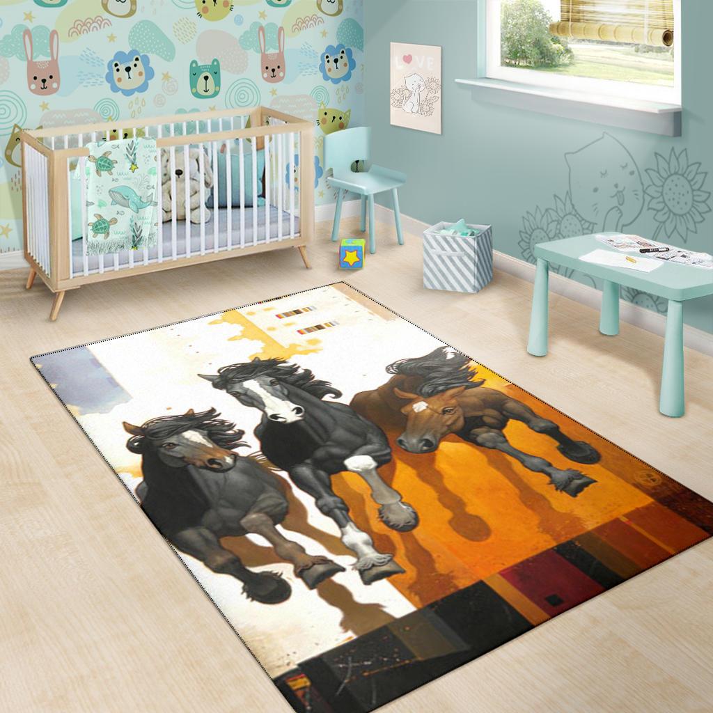 Horse graphic area rug with four running horses and orange, black, and white border