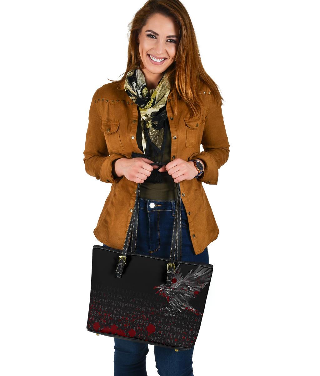 Viking Small Leather Tote Bag - The Raven Of Odin Rune Blood RLT12 - Wonder Print Shop