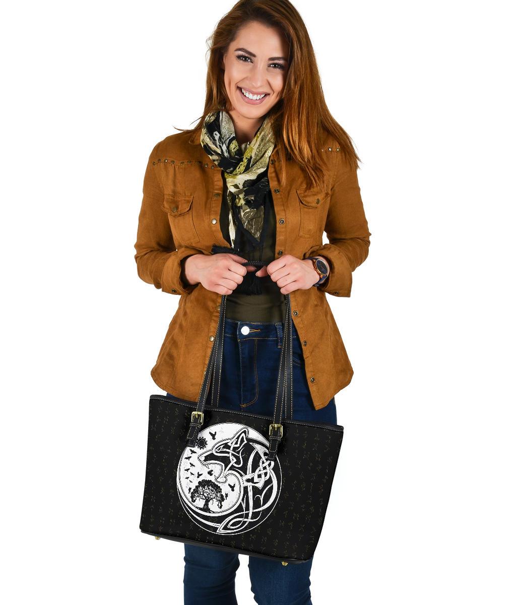 Viking Small Leather Tote Bag, Skoll and Hati Rune Tattoo RLT12 - Wonder Print Shop