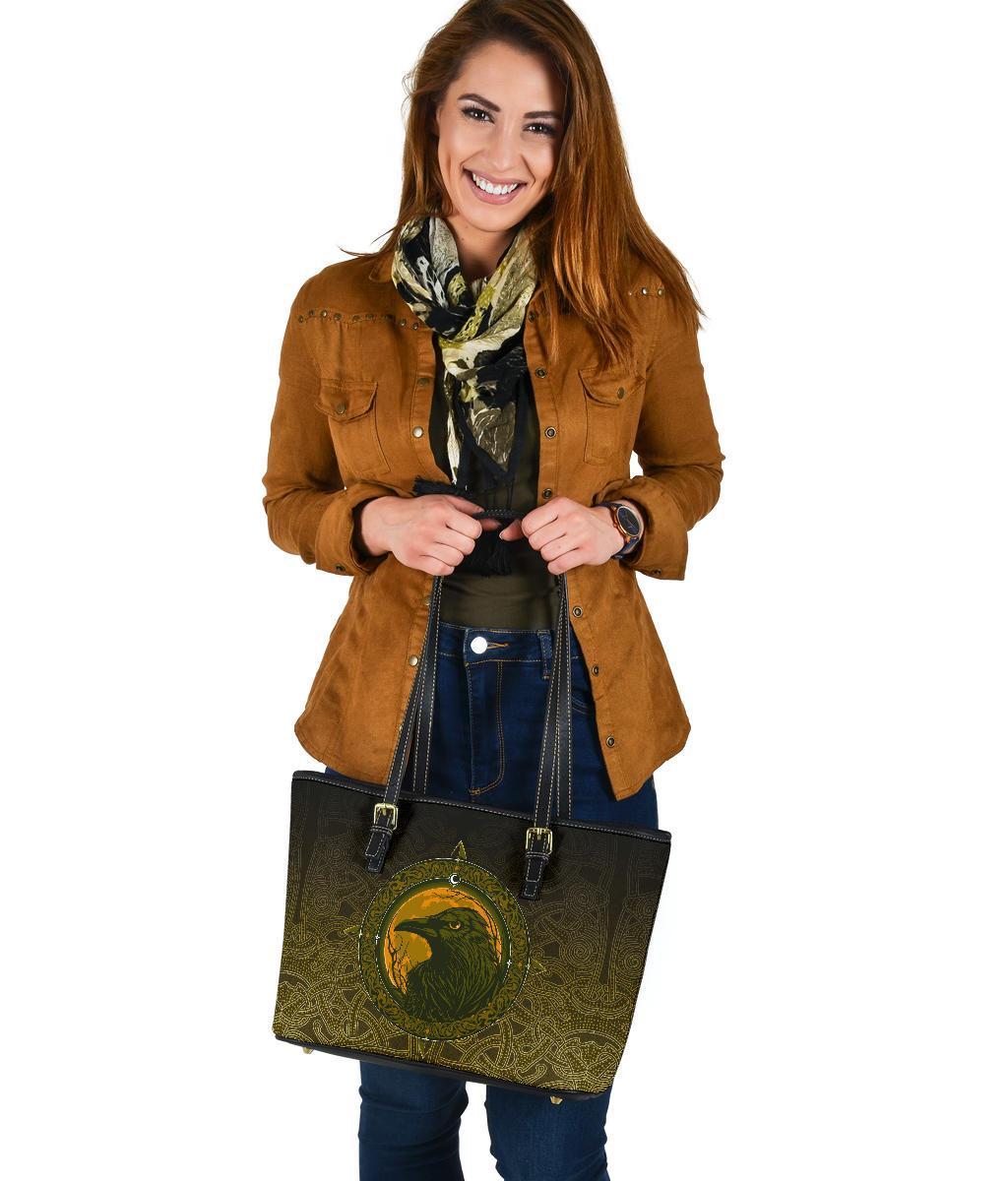 Viking Small Leather Tote Bag, Ethnic Odin Raven Gold RLT12 - Wonder Print Shop