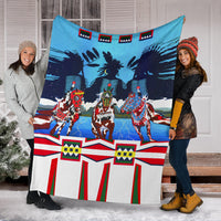 Horse costume blanket on outdoor steps, blue top with three costumed horses and striped bottom