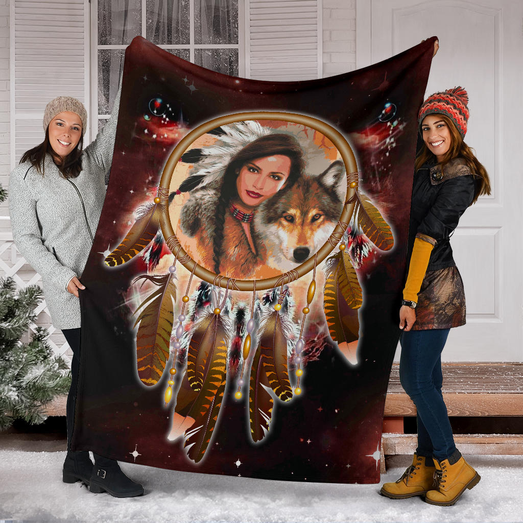 native-girl-dream-catcher-red-galaxy-blanket