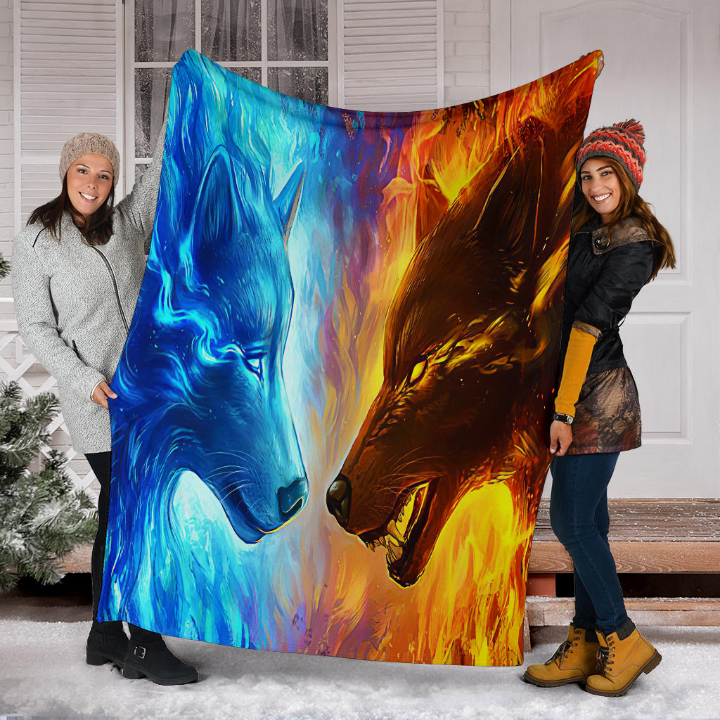 Ice Fire Wolf blanket large square, blue wolf left and fiery orange wolf right