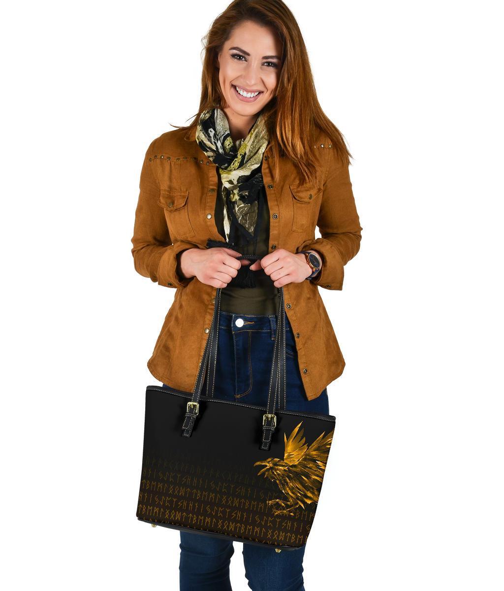 Viking Small Leather Tote Bag - The Raven Of Odin Rune, Gold RLT12 - Wonder Print Shop